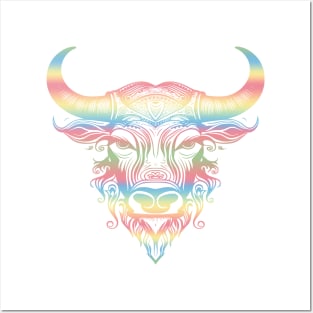 Rainbow Tribal Bull portrait Posters and Art